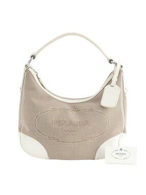 Prada Logo Jacquard Hobo Leather Shoulder Bag Ebm